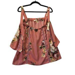 Penelope Womens Floral Cold Shoulder Tie Strap Blouse Pink Boho Crochet Large